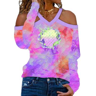 China Autumn Ladies Breathable High Quality V-Neck Halter Tie Dye Print Loose Casual Long Sleeve T-Shirt for sale