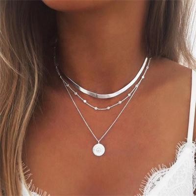 China TRENDY Fashion Layered Silver Gold Coin Chain Necklace Pendant Boho Bead Jewelry For Women Girls Party Jewelry for sale