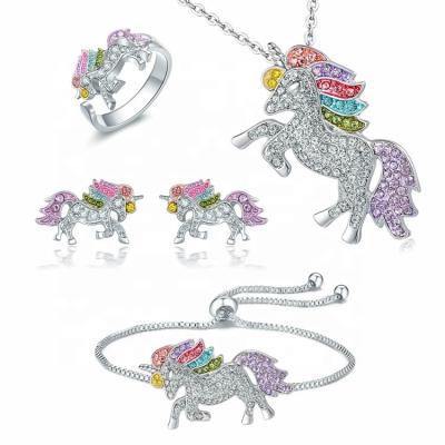 China CLASSIC Luxury Cartoon Rainbow Horse Jewelry Set Crystal Rings Necklace Bracelet Earrings For Women for sale