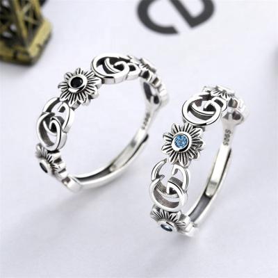 China CLASSIC Resizable Zircon Letter S925 Sterling Silver Petal Punk Couple Ring Vintage G Letter Wedding Women Shape Jewelry for sale