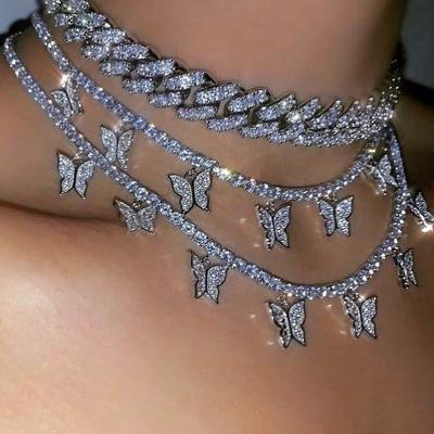 China FASHIONABLE Butterfly Pendant Link Zirconia Necklace Rhinestone Cuban Chain For Women Tennis Choker Necklace Party Jewelry for sale