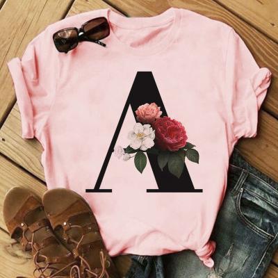 China QUICK DRY pink fashion black letters 26 T-shirt flower printing men and women couples T-shirt WISH wholesale for sale