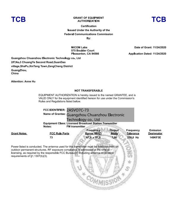 FCC - Guangzhou Chuanzhou Electronic Technology Co., Ltd.