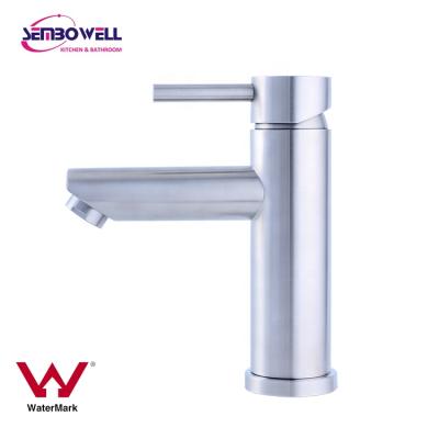 China Watermark 304 Stainless Steel Brushed Finish Pin Handle Basin Mixer Basin Faucets Metered Bathroom Faucet for sale