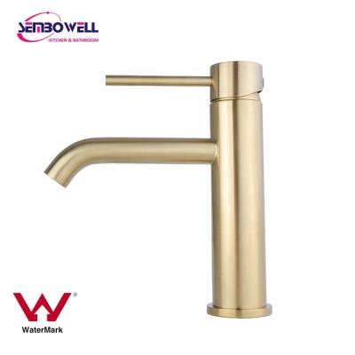 China Watermark 304 Stainless Steel Gold Finish Basin Mixer Taps Metered Brushed Basin Taps Bathroom Faucet for sale