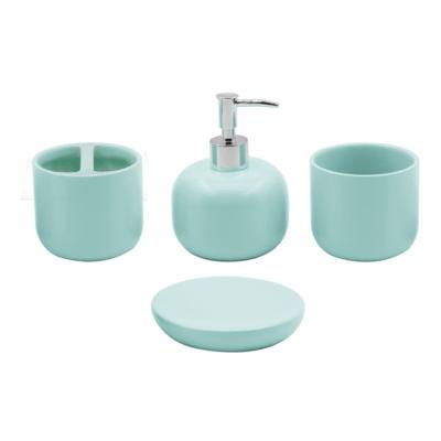 China Sustainable Bathroom Accessories Set Ceramic Bath Soap Dispenser Toothbrush Holder Tumbler Soap Dish Green for sale