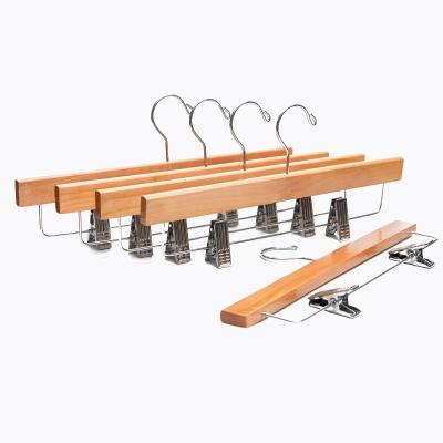 China Luxury Durable Hot Sale Garment Store Solid Wooden Pants Hangers Wooden Trouser Hangers With Clips for sale