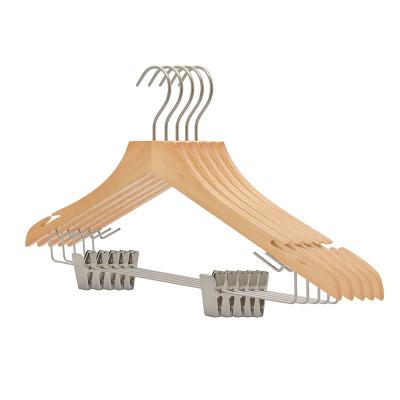 China Eco-friendly Pant Organizer Pearl Nickel Wood Material Hanger Non Slip Wooden Pant Hangers With Clips for sale