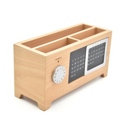 China Wooden Perpetual Calendar Pen Holder Desktop Perpetual Calendar Maple Stationery Storage Rack for sale