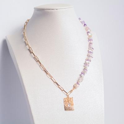 China CLASSIC Amethyst Necklace Square Haiyang Pearl Link Chain Genuine Amethyst Gold Thin Layer Crystal Necklace for sale