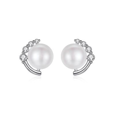 China Haiyang Graceful 925 Korean Silver Stud Earrings Pearl White Cubic Zirconia Pearl Stud Earrings for sale