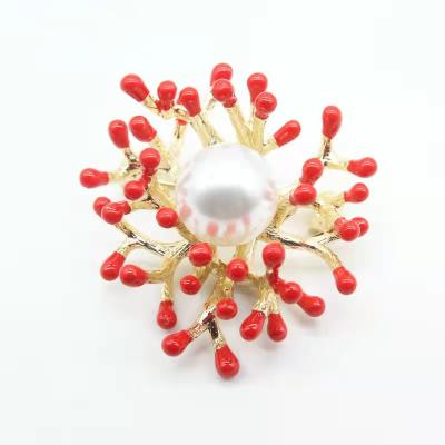 China Korean simple enamel pearl brooch women's red coral pin women's vintage fashion flower oil drop oil clothing pin accessories for sale