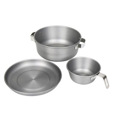 China Modern Aluminum Three Piece Portable Lightweight Pot Camping Cookware Pan Bowl Set for sale