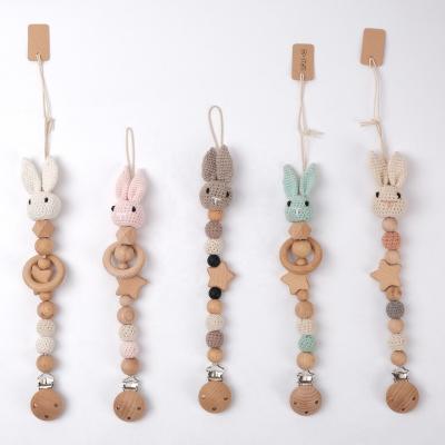 China Wooden+cotton Baby Gift Set New Handmade Crochet Rabbit Bunny Pacifier Clip For Baby Teether and Pacifier Holder for sale