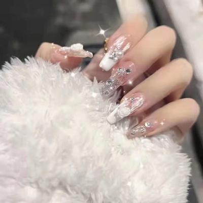 China Christmas style Long French Glitter white False Nails Press on Cute Nail Art Reusable Full Cover with Jelly Gel for sale