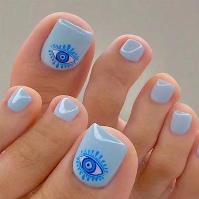 China French customized popular 24 pcs new blue cool eyes cute toe nails press on wholesale full cover square artificial false toe nails for sale