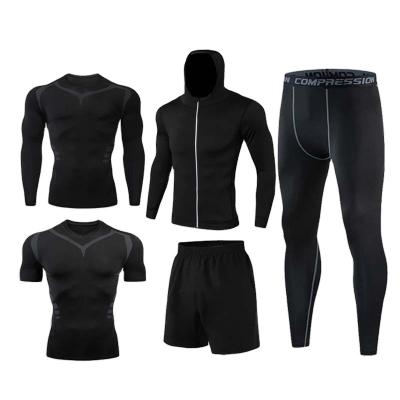 China Breathable Hot sell Custom Men's Training Sportswear Gym Clothing 5 Piece Compression Sports Suit Gym Fitness Sets Men for sale