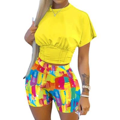 China QUICK DRY 2 Piece Short Set S-3xl Tracksuits Printing Pattern Short Sleeve Crop Tops Shorts Women's Set for sale