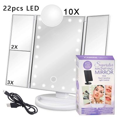 China Illuminated LED Light Makeup Mirror Lamp 10X Magnifier Battery Vanity Magnifying Glass Make Up Mini Bath Cosmetic Bathroom Smart Suction Cup for sale