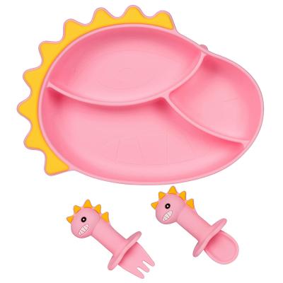 China BPA Free Silicone and Stainless Steel Dinosaur Baby Dinner Silicone Dishes Spoon Utensils Set for Toddler Kids for sale