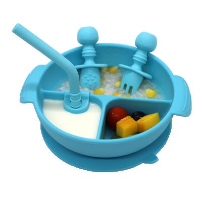 China 2021 Separate Unbreakable Suction Baby BPA Free Silicone Feeding Bowl Dishes With Straw Training Spoon Fork for sale