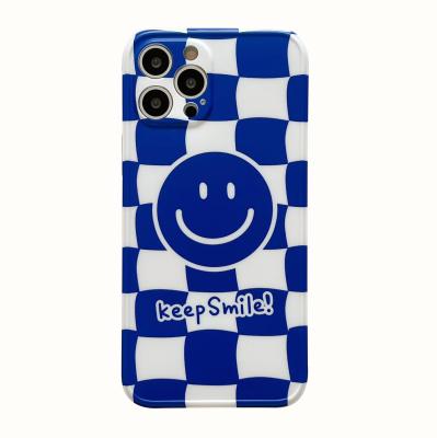 China 2022 Premium Soft Tpu Blue Grid Smile Face Cartoon IMD Mold Matte Soft TPU Silicone Phone Case For iPhone 13 pro 11 13 pro XS 12 pro max max for sale