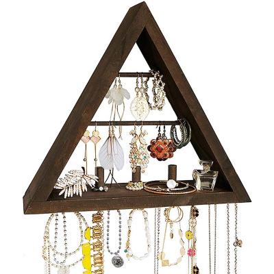 China Wall Mounted Stored Organizer, Rustic Hanging Earring Holder - Elegant Triangle Wood Jewelry Display with Hooks for Rings for sale