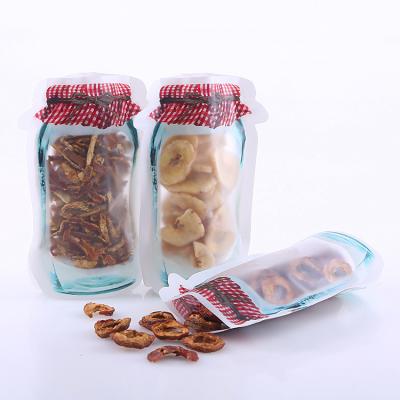 China Portable Snack Packing Bag Mason Jar Moisture Proof Bottle Shaped Plastic Candy Bags Reusable Seal Holder Ziplock Pouch for sale