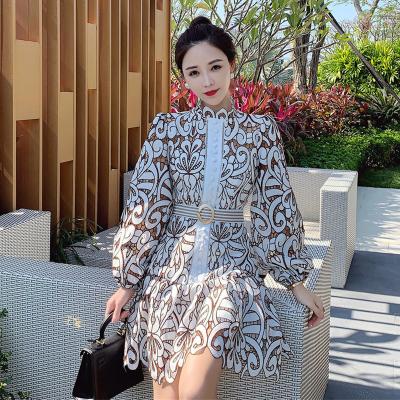 China Breathable Bishop Sleeve Open Lace Pleated Crochet Skirt A-line Swap High Collar Decor Wholesale Summer Dresses 2021 for sale