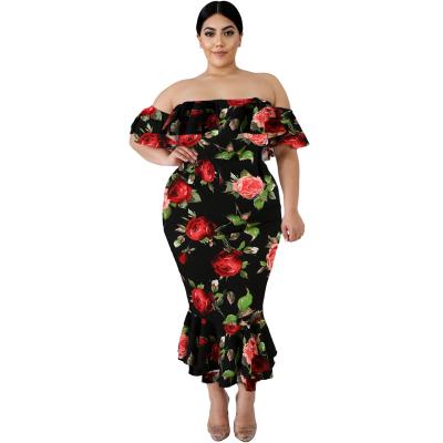 China New Breathable Arrive Spring Autumn Womens Clothing Plus Size Dresses Floral Layered Ruffle Off Shoulder Dress for sale