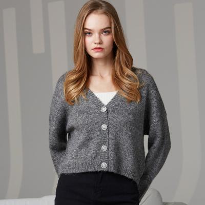 China Breathable High Quality Shiny Lurex Button V-Neck Drop Shoulder Women Knit Crop Cardigan Sweater for sale