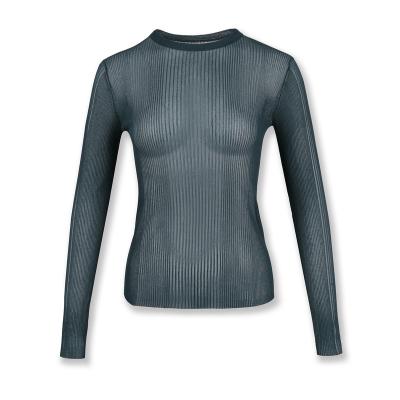 China Breathable Sheer Ribbed Women Knit Knitwear Transparent Sexy Sweater Basic Simple Pullover Sweater for sale