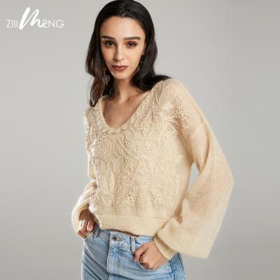 China Breathable Long Sleeve V-Neck Drop Shoulder Mohair Embroidery Casual Women Knit Pullover Sweater for sale