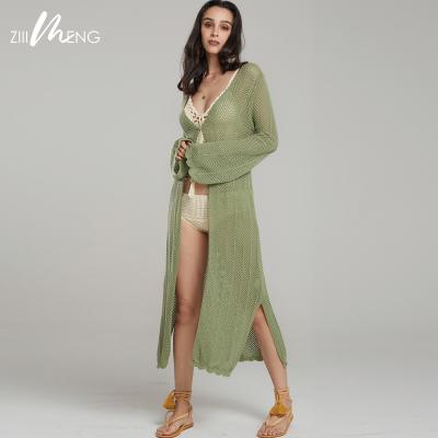 China Pointelle Flare Sleeve Breathable Hot Selling Sexy Women Knit Long Cardigan Sweater for sale