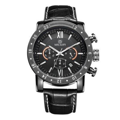 China Megir Military Quartz Watches Water Resistant ML3008 Chronograph Men Black Leather Watch for sale