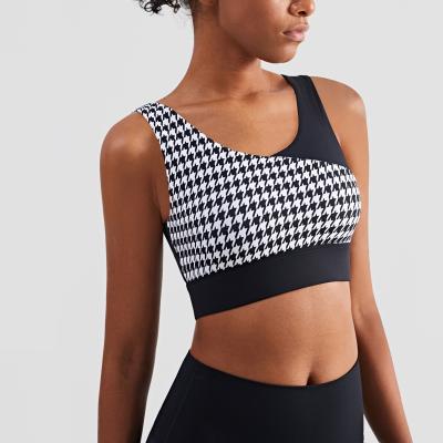 China Breathable Houndstooth Printing Breathable Soft Bare Lift Up High Quality Yoga Bra Beauty Back Fitness Sports Bra for sale