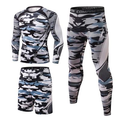 China Sports Suit 3 Pcs Logo Dots Camouflage Print Tight Fit Men Compression Gym Workout Antibacterial Private Training Running Active Wear Set for sale