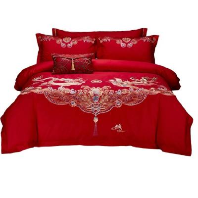 China Nondisposable Best Selling Luxury Chinese Style Embroidery 5 Pcs Red 100% Cotton Bedding Comforter Sets Toddler Bed Sheet Set for sale