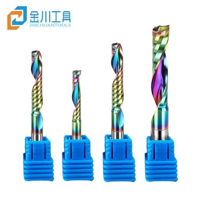 China Hot Selling Jinchuan Tungsten Carbide Spiral Coated Color CNC End Mill Tungsten Steel Tools Coating Single Router Bit for sale