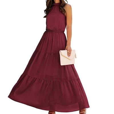 China Sexy Ruffle Print Halter Neck Anti-wrinkle Long Dress Sleeveless Backless Loose With Belt For Women for sale