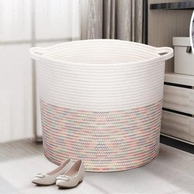 China Cotton Rope Woven Laundry Basket Folding Towels Organization Round Cotton Rope Storage Basket with Handstorage Baskets with Rope Handles for sale