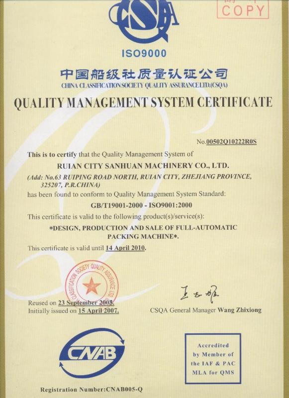 ISO - Ruian City Sanhuan Machinery Co.,Ltd.