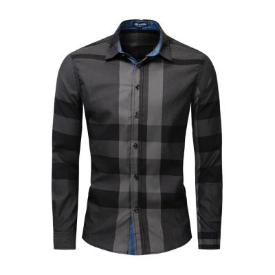 China Breathable Men Blouses Tops Long Sleeve Social Male Clothing Mens Dress Shirts Slim Fit Mens Colorblock Plaid Shirts for sale