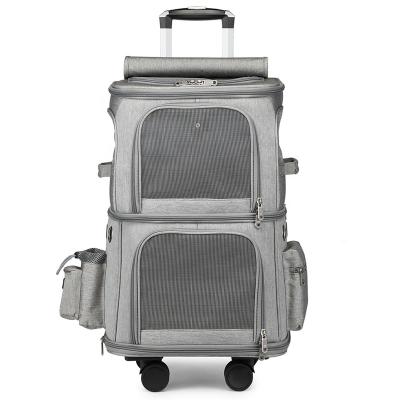 China New Fashion Water Resistant Wholesale Pet Travel Stroller Luxury Outdoor Double Wheel Carrier Oxford Layer Cat Carrier With Wheels for sale