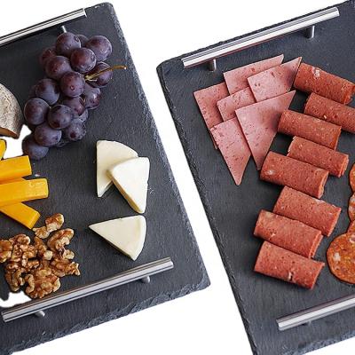 China Viable Custom Natural Edge Stainless Steel Logo Handles Slate and Stone Serving Tray Plate Cheese Burger Board for sale