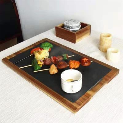 China Sustainable Food Steak Black Slate Dish Dinner Dishes With Slate Tray With Bamboo Base Wooden Steak Dish Chopper for sale