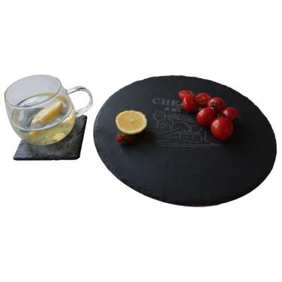 China Sustainable Natural Round Black Slate Sushi Tray Cake Slate Stone Dinner Cheese Dish 30*30cm For Dinner Cake for sale