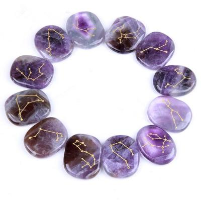 China Carving 12 Constellations 30MM Reiki Amethyst Chakra Meditation Stones for sale