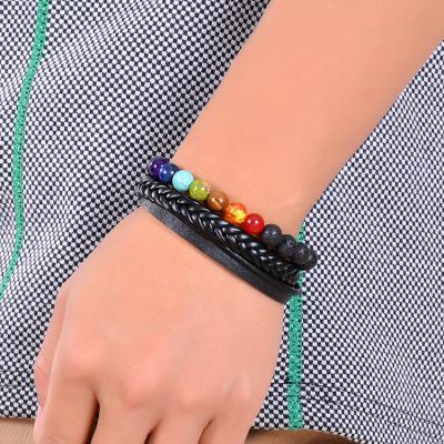 China Leather Magnet Buckle 7 Chakra Lava Stone Bracelet for sale