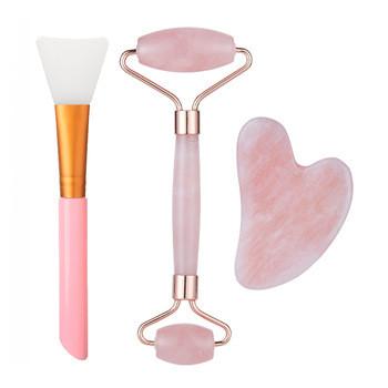 China Facial Massage Rose Quartz Roller And Gua Sha Set With Box Packing for sale